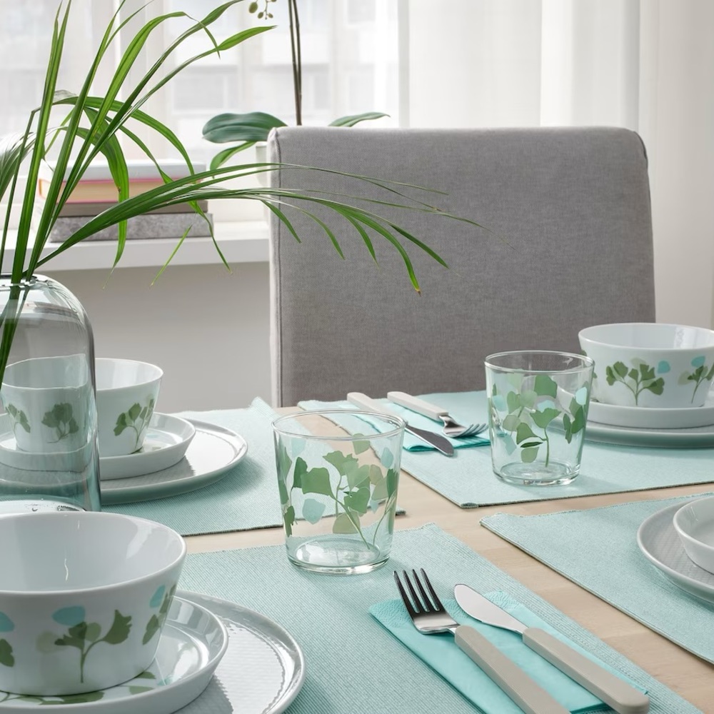 IKEA Glass, clear glass leaf patterned/green 10 oz NEW (4-PACK) - Picture 3 of 5
